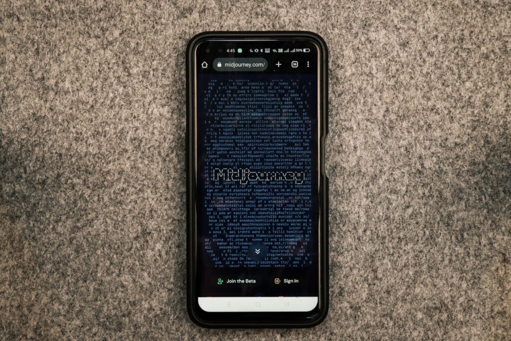 Midjourney AI produces a proprietary artificial intelligence. Man holding a smartphone iPhone