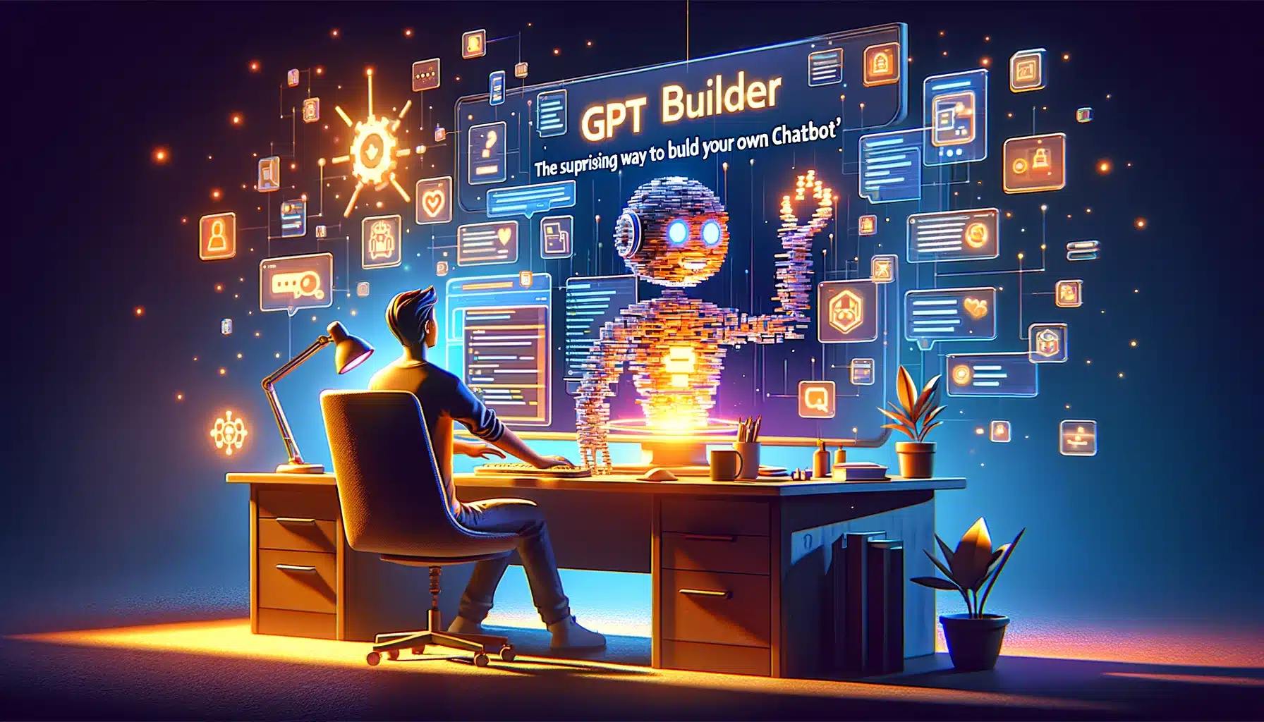 Title image for an article titled 'GPT Builder_ The Surprising Way to Build Your Own ChatGPT'. Visualize a person sitting at a desk with a glowing com