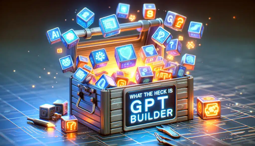 GPT Builder- Image for the section titled 'What the Heck is GPT Builder_' in an article. Illustrate a toolbox filled with glowing, digital blocks that resemble a f