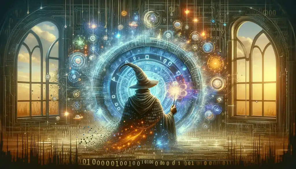 A wide image representing the concept of AI story generators, showcasing a wizard with modern digital elements, such as binary codes and holographic 