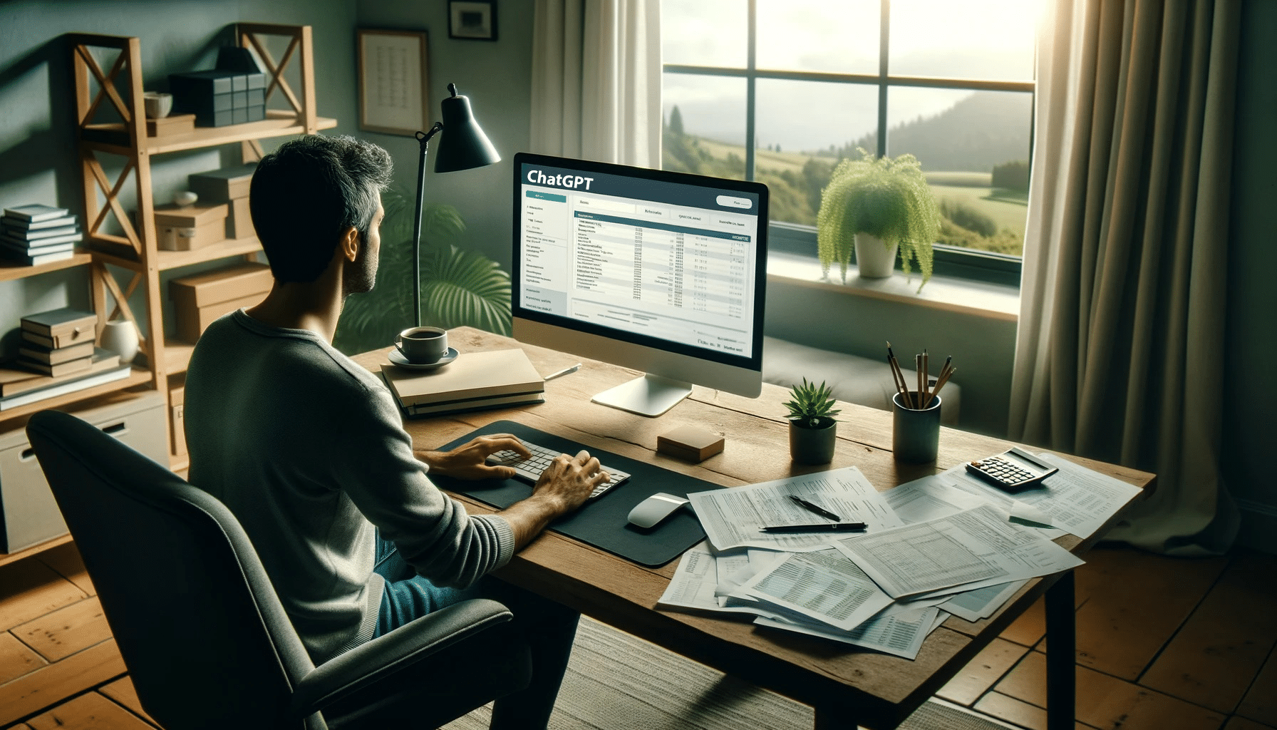 A person sits in a comfortable home office, using a computer with a ChatGPT AI Chatbot interface on the screen.