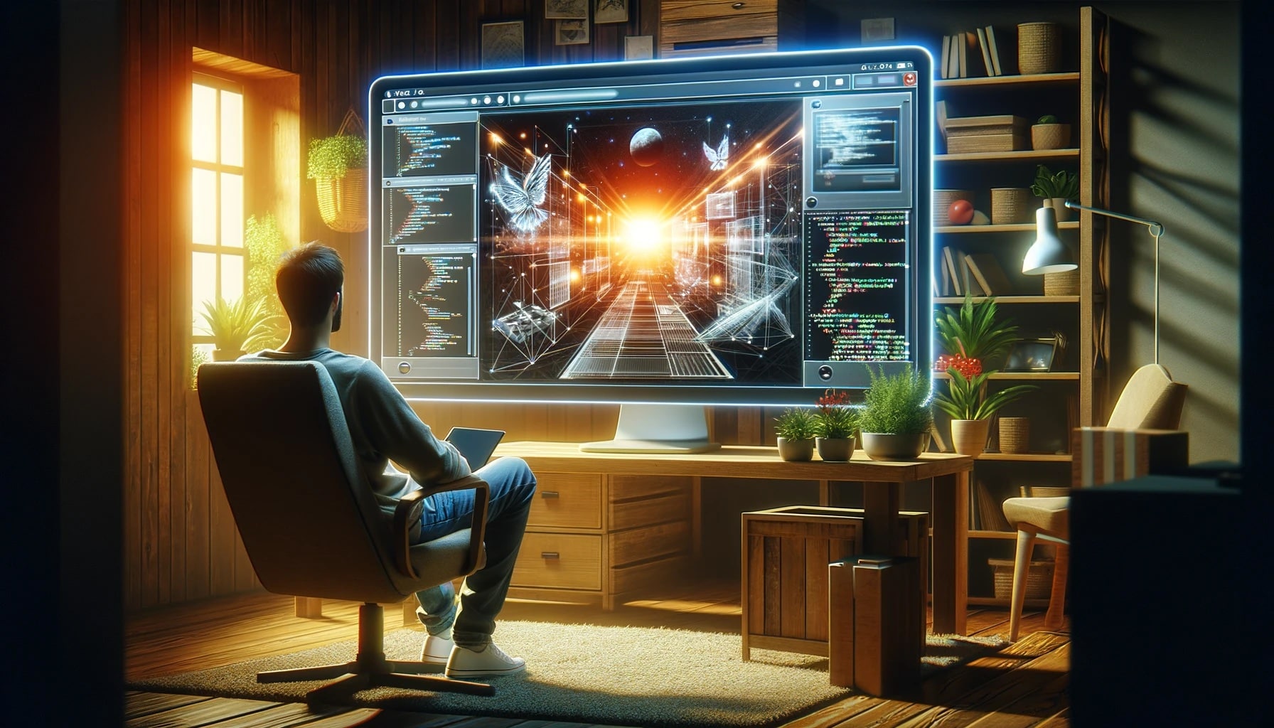 AI Website Builder - A wide image showing a person sitting in a comfortable chair, looking at a large computer monitor where a website is being constructed by AI.