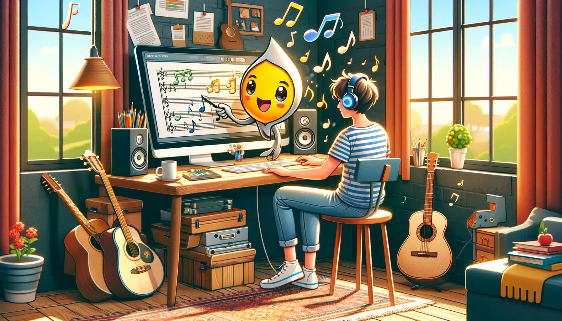 The image depicts a young songwriter sitting at a desk in a cozy room filled with musical instruments, such as a guitar, a keyboard, and headphones. There is a computer screen next to the ai song generator displaying a cheerful, cartoonish AI character in the form of a musical note. This character seems to be interacting with the songwriter, suggesting its role in assisting the songwriting process. Musical notes float in the air around them, symbolizing the flow of creativity and inspiration resulting from the collaboration between the human and the AI. The atmosphere is bright and filled with creative energy, providing an inviting and imaginative setting.