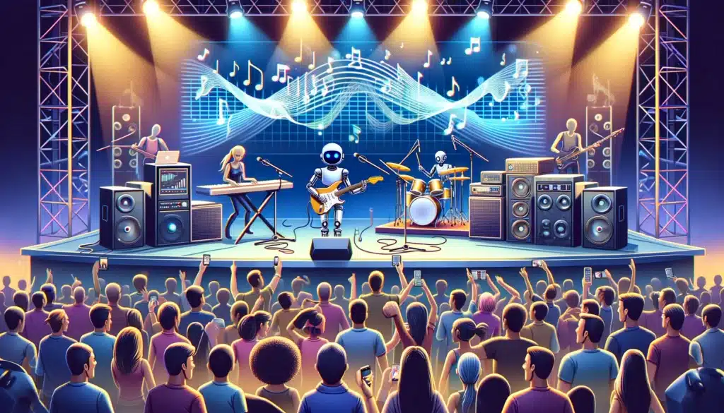 This depicts a vibrant concert scene where an AI robot is performing on stage, surrounded by a diverse, excited audience. The robot, playing multiple instruments like a guitar, keyboard, and drums, exhibits expressions of joy and engagement. The crowd appears thrilled, with several individuals recording the moment on their phones. A digital screen above the stage illustrates waves and musical notes, underscoring the AI's ability to generate and perform music, creating an electrifying atmosphere.
