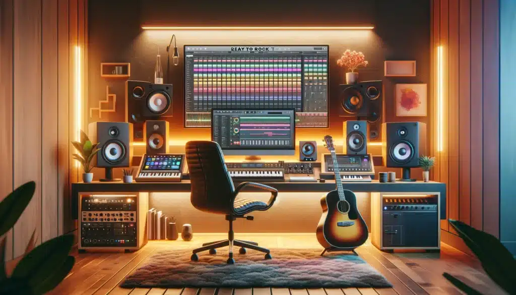 This image showcases a vibrant home studio environment without any text, emphasizing the fusion of technology and music. Visible are a sleek desktop, a large monitor with a colorful AI music generator and software interface, high-quality speakers, a MIDI keyboard, and an acoustic guitar. The scene is designed to inspire, highlighting a seamless integration of AI tools in the music creation process, set in a comfortable, stylish space conducive to creativity and productivity.