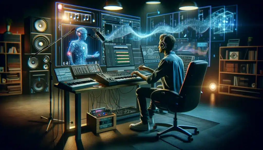 This portrays the process of AI-assisted music creation in a modern studio setting. A musician, wearing headphones, is engaged with a sophisticated AI system, composing music on a digital workstation. Virtual screens around them display musical waveforms, notes, and AI algorithms. The scene is rich with focused, creative energy, illustrating the intimate collaboration between the musician and AI song generator set against a backdrop of advanced technology and artistic inspiration.

