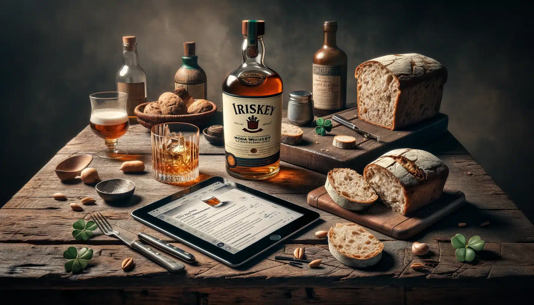 This image depicting a still life of traditional Irish ingredients for St. Patrick's Day on a rustic wooden table, including whiskey, Irish soda bread, and a modern tablet displaying an AI-generated cocktail recipe