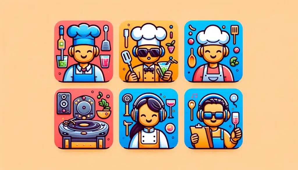 This mage featuring a playful cartoon of a bartender, a chef, a DJ, and a party planner, each represented by an icon of their corresponding AI tool.