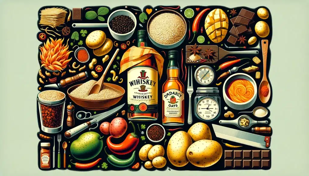 A  playful collage featuring Irish staples, pantry items, and unexpected flavor combinations, such as a whiskey bottle next to a mango.