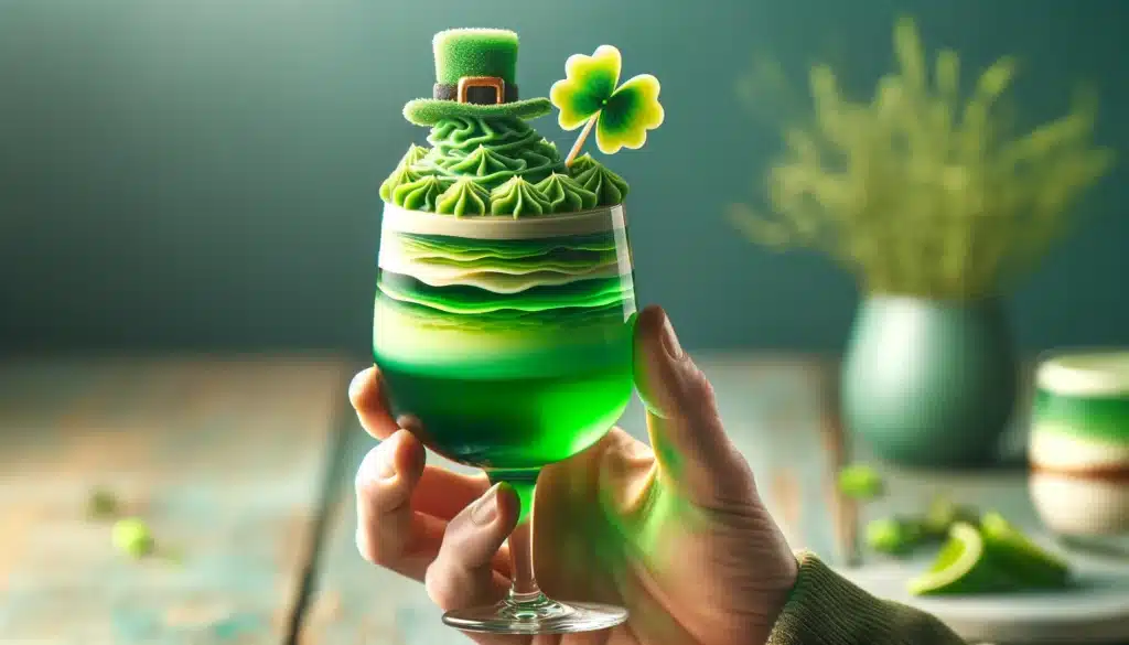 This image is of a hand holding a cocktail glass filled with a multi-layered green drink, topped with a tiny edible leprechaun hat as a whimsical AI-inspired garnish.