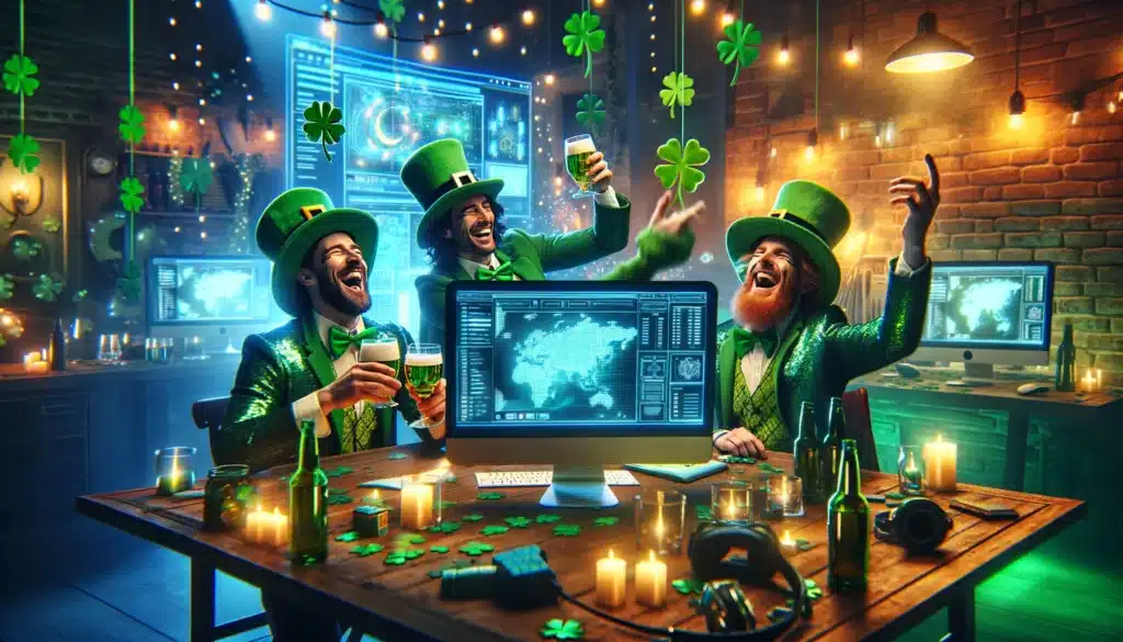 A photorealistic image of leprechauns, portrayed as real people in festive attire, using modern technology while having fun. They seem to be enjoying their time while working on the treasure hunt clues.