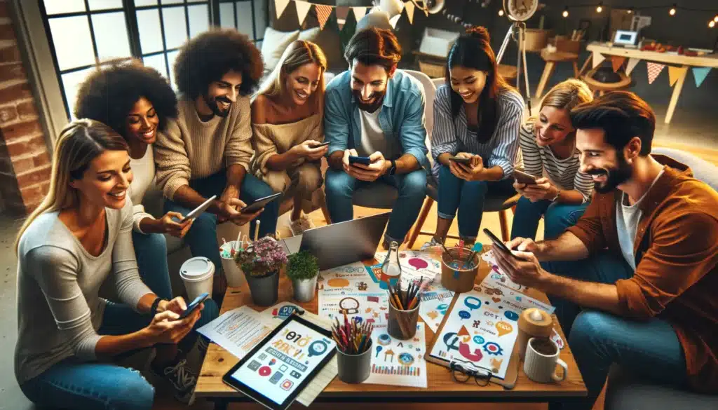 A image of a group of friends with diverse backgrounds and ages, using AI on different devices for party planning, all looking engaged and collaborative.