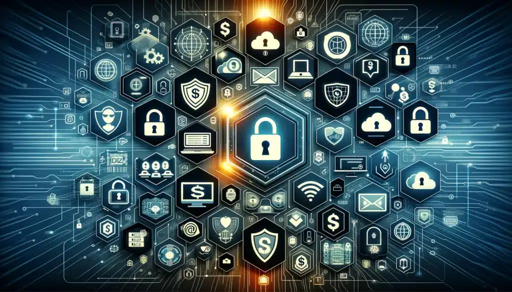 The image displaying icons for financial online protection has been created, featuring a variety of digital security symbols. These include virtual locks, shields, encryption symbols, and secure cloud storage, all set against a backdrop that emphasizes digital connectivity and cybersecurity.