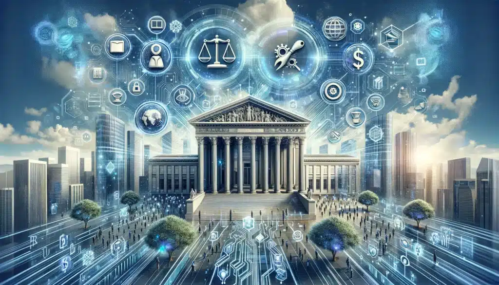 This image showcases a grand, futuristic representation of the financial sector's integration with technology and regulation. At the center is a classic, imposing building that symbolizes a financial institution, surrounded by modern, high-rise cityscapes. Above and around this building, a network of digital icons and symbols floats, including scales of justice, blockchain links, digital security shields, and various technology and finance-related icons. These elements highlight the seamless blend of traditional financial structures with advanced technological frameworks, such as AI and blockchain. The image suggests a world where financial activities are governed by a mix of established regulations and cutting-edge tech, aiming for a secure, fair, and innovative financial system. The atmosphere is futuristic, with pathways of light leading to the institution, symbolizing the interconnectedness of global finance and digital innovation.