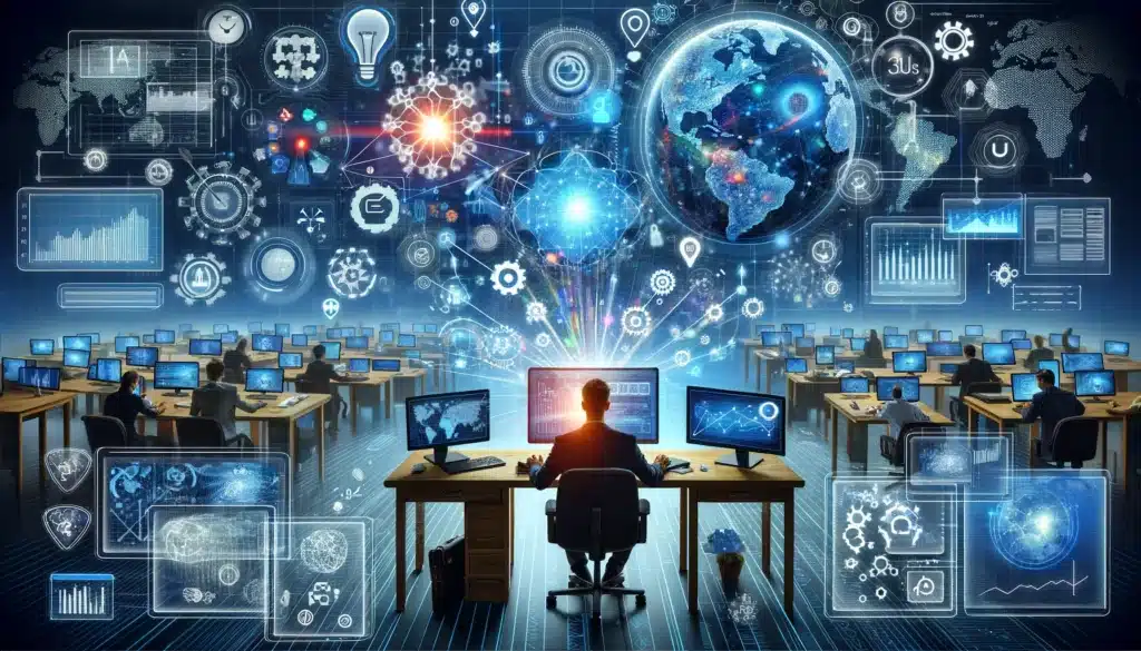 The recreated image, inspired by the concept of staying informed and adapting in the digital age but without any words, has been created. It visually narrates the theme of engaging with technology to remain updated on finance and cybersecurity trends, surrounded by a digital landscape filled with symbols of learning and connectivity.