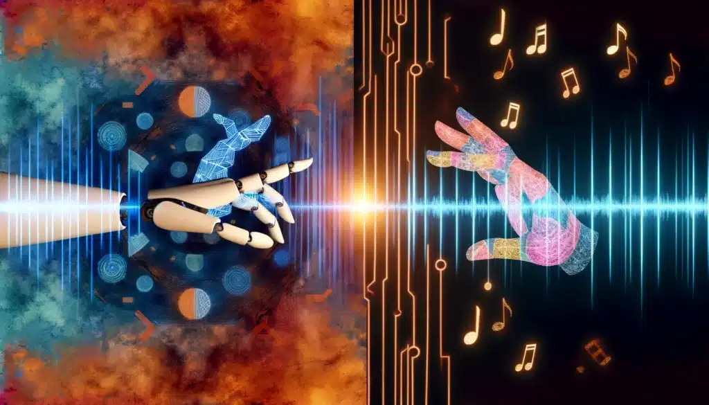 Illustration of a robotic hand and a human hand reaching towards each other against a backdrop of digital and natural elements, symbolizing the harmony between AI voices and human creativity.