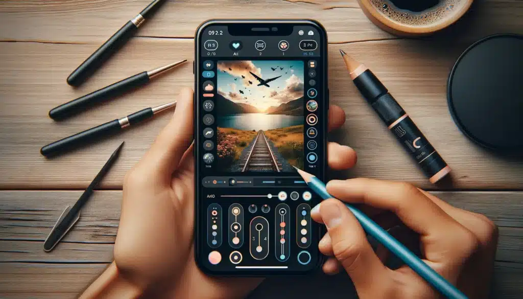 Smartphone displaying a photo editing interface from an AI app, illustrating a clean, modern design with various editing tools such as sliders, filters, and icons. The screen shows a photo mid-edit, highlighting the advanced capabilities and user-friendly design of contemporary AI apps for photo enhancement.
