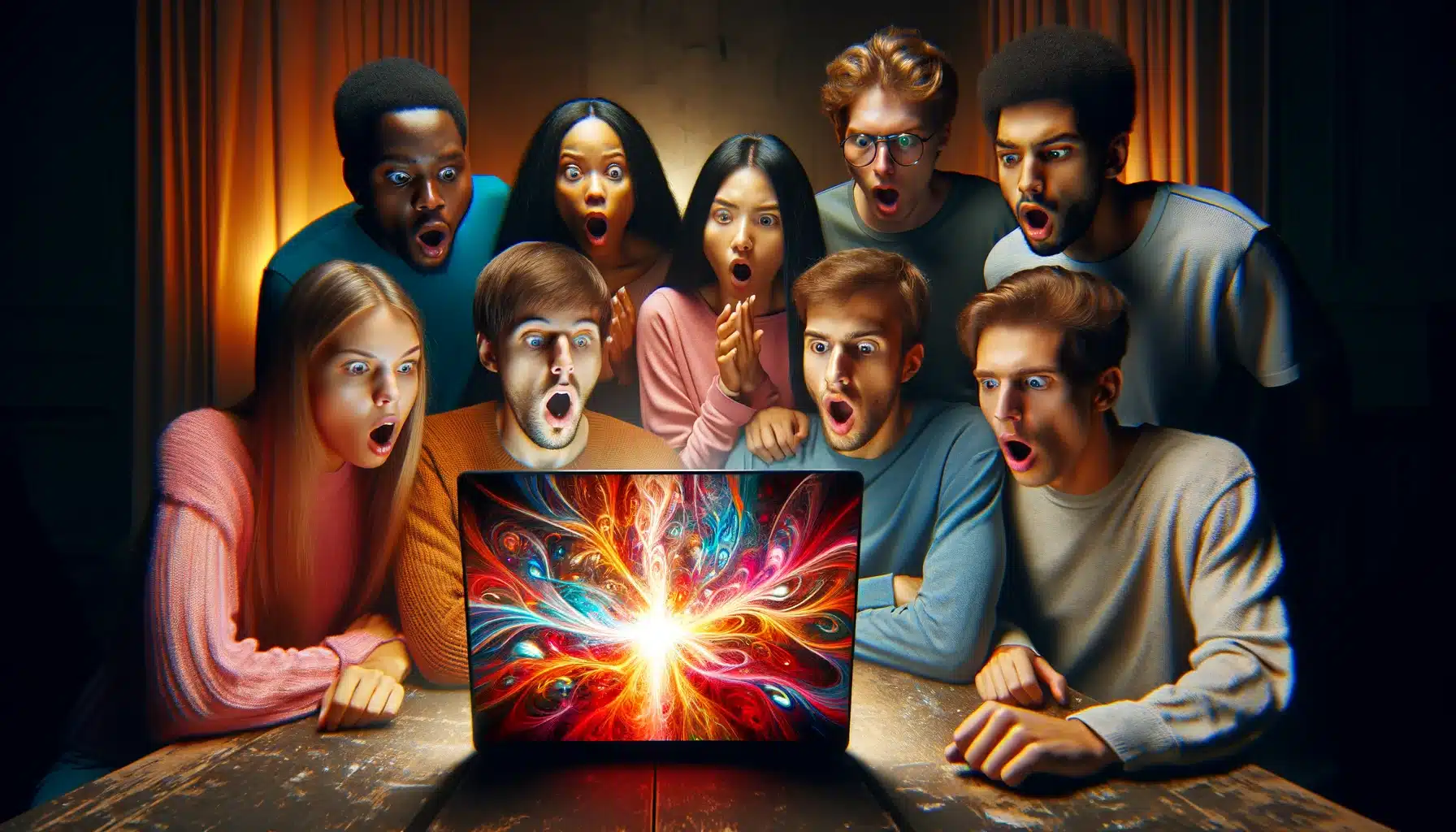 A diverse group of friends with expressions of shock and awe gather around a brightly lit laptop screen, illustrating the concept of 'Best AI Image Generators'. Their mouths are open in astonishment as they are captivated by the vibrant, abstract glow emanating from the screen, which hints at the unseen marvels produced by advanced AI technology. The room around them is dimly lit, emphasizing the intense light and colors from the laptop, and highlighting the collective amazement of the group.