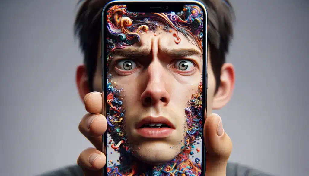A photorealistic close-up portrays a millennial individual with a puzzled expression, emphasizing the theme of 'Best AI Image Generators'. They are holding a smartphone, which displays a peculiar and colorful AI-generated image, causing their confused and intrigued reaction. The person's furrowed eyebrows and slightly open mouth capture their bewilderment and curiosity, highlighting the often unpredictable and fascinating results produced by leading AI image generation technologies.