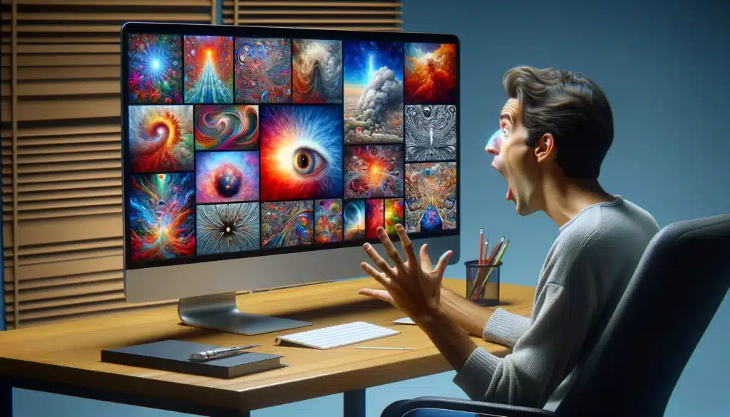 A photorealistic depiction of a person sitting at a desk, displaying an expression of shock and bewilderment while looking at a computer screen. The screen is filled with an eclectic assortment of AI-generated images, showcasing the innovative and diverse capabilities of the 'Best AI Image Generators'. The person's eyes are wide open, eyebrows raised, and mouth agape, symbolizing a dramatic reaction to the unexpected and striking visuals presented by the AI technology. The realistic setting enhances the authenticity of the moment, highlighting the impact and surprise that AI-generated art can evoke.