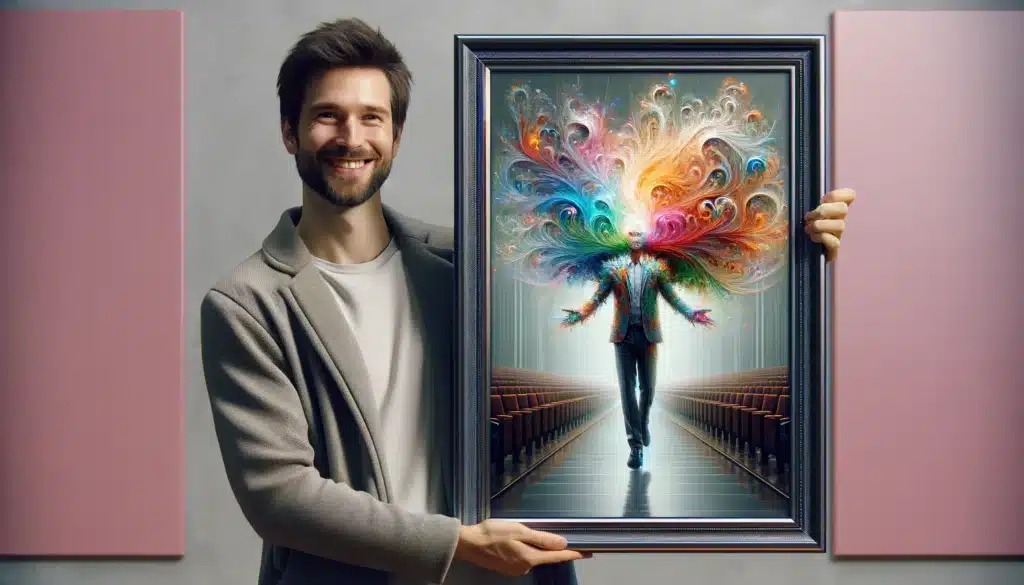 A photorealistic image capturing a person proudly holding up a framed, stunning piece of AI-generated art. The individual, beaming with pride and satisfaction, showcases the vivid and imaginative artwork, which reflects the capabilities of the 'Best AI Image Generators'. The framed art piece, reminiscent of those found in prestigious art galleries, symbolizes the fusion of technology and creativity, highlighting the endless possibilities and potential within AI as a tool for artistic expression. This inspiring scene encourages viewers to explore and recognize the innovative contributions of AI to the world of art.