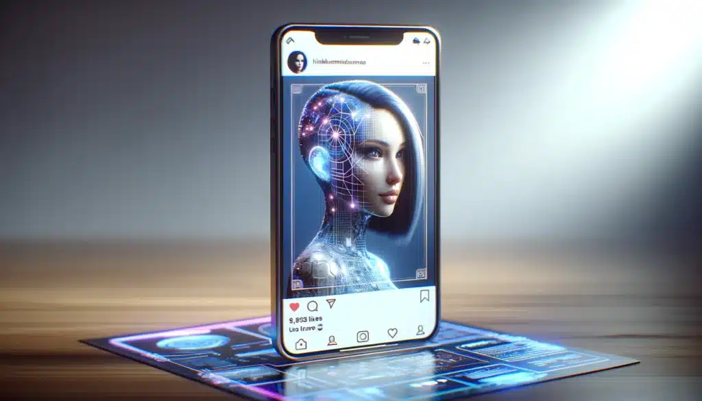 A photo-realistic image showcasing a female AI influencer, whose figure is adorned with digital icons like lightbulbs, gears, and stylized social media symbols, displayed on a simulated Instagram interface. This portrayal emphasizes her non-human attributes through subtle digital enhancements, suggesting the seamless integration of artificial intelligence in the realm of social media influence.