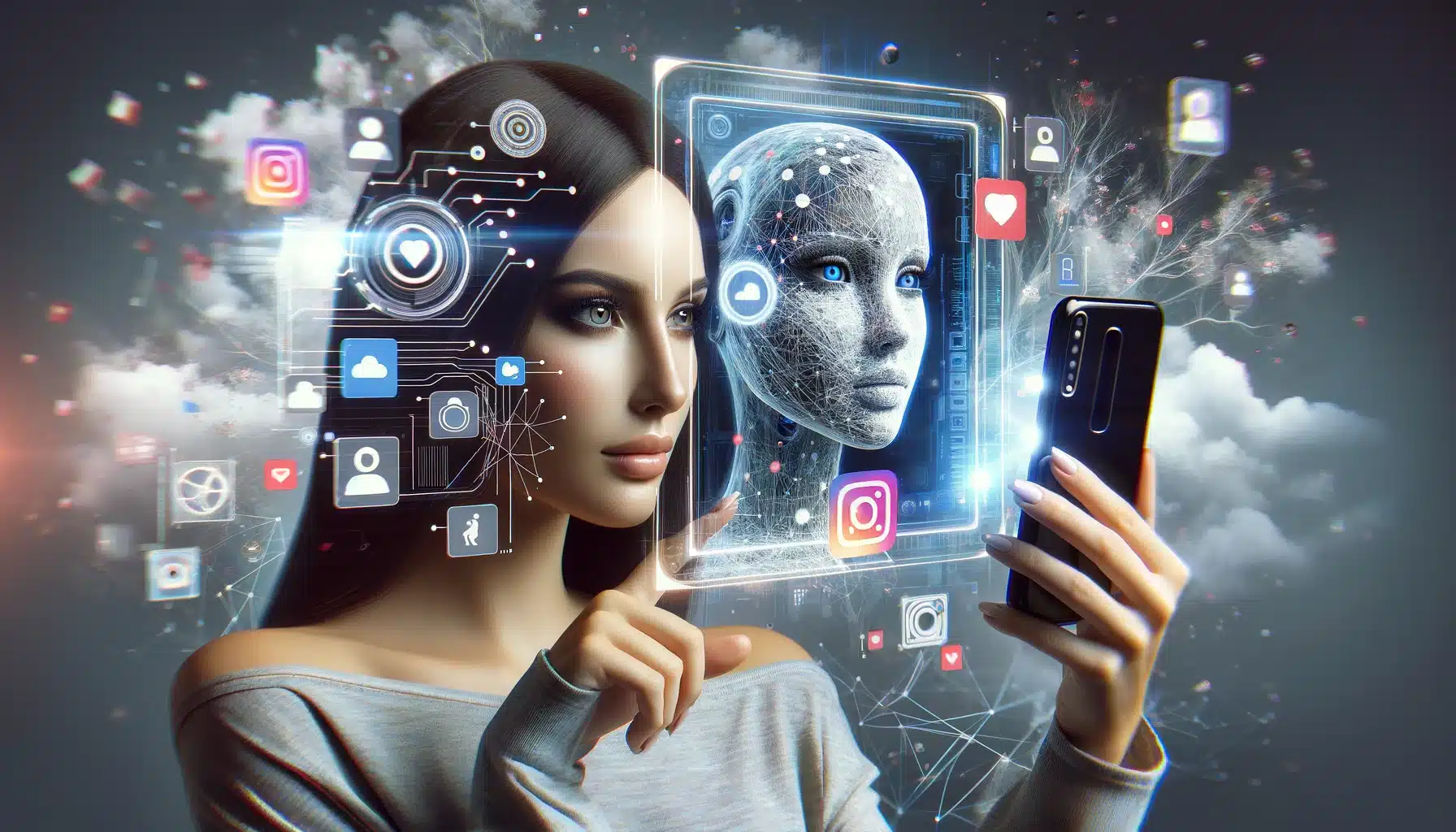 A photo-realistic composition depicting a female AI influencer showcased through an augmented reality Instagram-like interface. Interactive, floating digital icons surround her, blending real and virtual worlds. This image highlights the AI influencer's role in modern social media landscapes, illustrating the advanced integration of technology and digital persona creation.