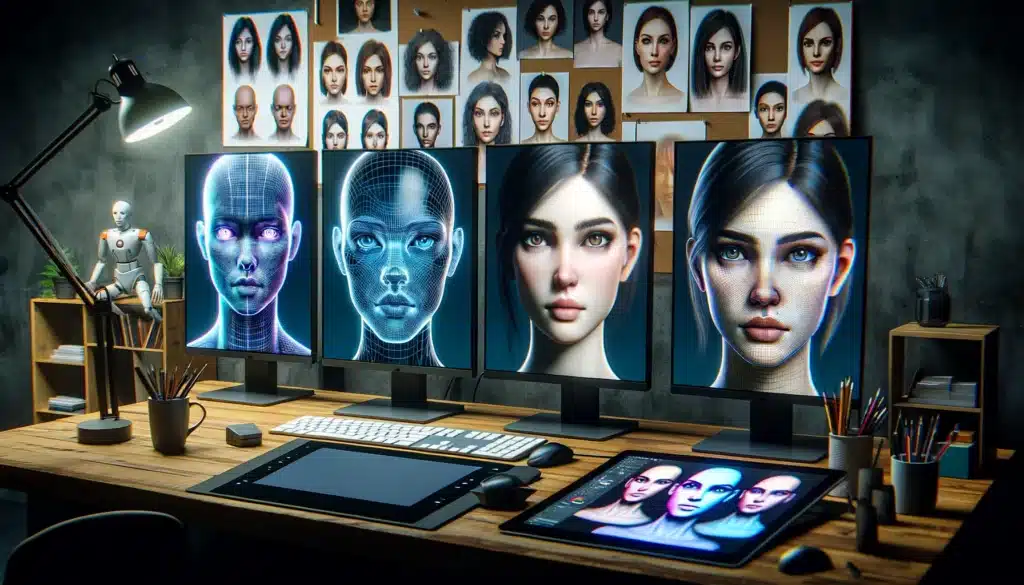 An artist's digital workspace dedicated to the creation of AI influencers. Multiple monitor screens illustrate the evolution of character design, focusing on the detailed creation of people's faces: from initial pencil sketches to advanced 3D modeling, concluding with finished, lifelike digital faces. The scene is replete with essential tools for digital creation, including graphic tablets and styluses, set against the organized backdrop of a professional design environment.