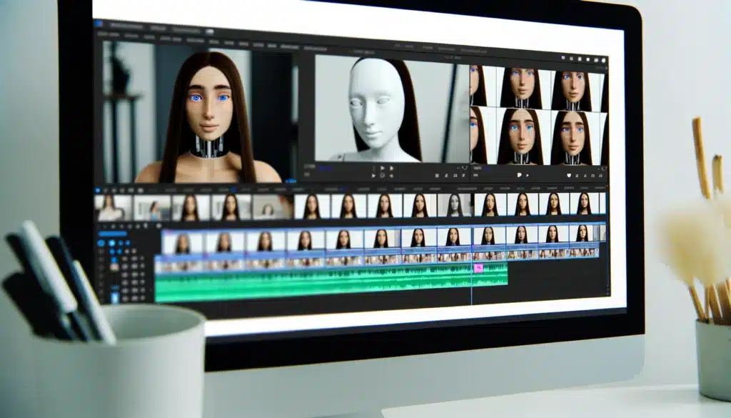 A computer screen showcasing video editing software with a detailed timeline filled with clips of a female AI influencer with long hair. Next to the timeline are thumbnails for upcoming social media posts, each highlighting the distinct look and style of the AI influencer, designed for engaging digital audiences effectively.