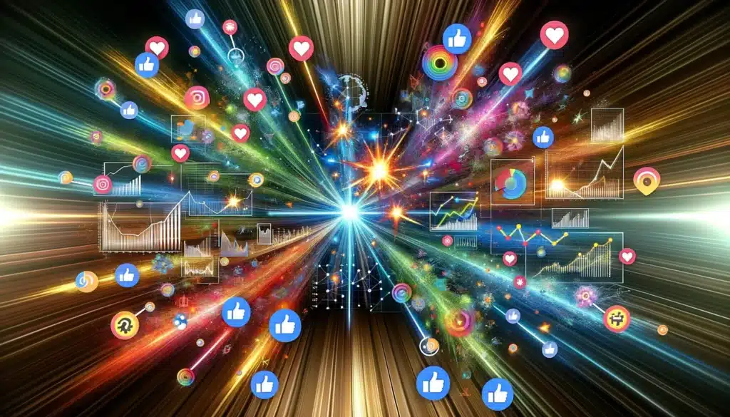 A image of a digital marketing dashboard, filled with colorful and dynamic graphs and metrics such as likes, shares, and comments, all emanating from a central explosion point. This visual represents the viral spread of content from an AI influencer, illustrating the extensive reach and engagement achieved through effective digital marketing strategies in the social media landscape
