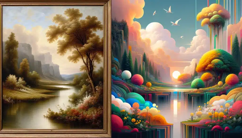 A classic landscape painting displayed next to a modern GenAI-generated landscape, showcasing how AI can learn and build upon existing art.