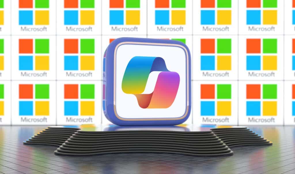 A 3D-rendered image showcasing a large, glowing icon of Microsoft Copilot Pro prominently displayed in the center, standing on a series of cascading, circular platforms. The background is a vibrant mosaic of Microsoft logos in various colors, symbolizing the diverse ecosystem of Microsoft products. The Copilot Pro icon, with its fluid, multicolored design, highlights the innovative and integrative nature of the software within the Microsoft suite, suggesting a forward-thinking approach to productivity and collaboration.