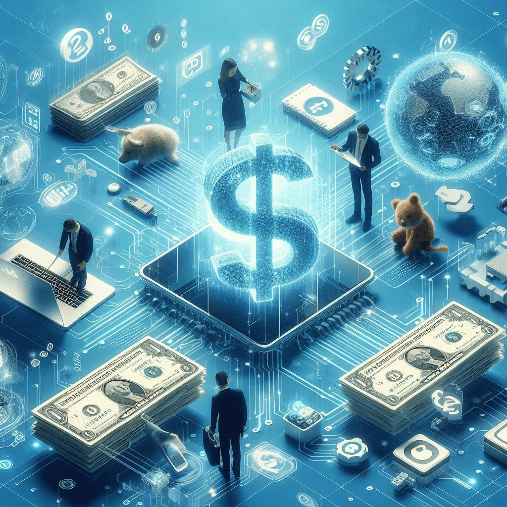 This image visualizes a futuristic concept of finance, heavily emphasizing the digital and AI-integrated economy. Central to the scene is a glowing 3D dollar sign on a smartphone-like device, serving as a beacon for financial focus in an AI-dominated world. Around this symbol, various elements underscore the intertwining of finance with digital advancements and the importance of AI-proofing in this context. Miniature figures, including those engaged with laptops and documents, symbolize human efforts to navigate and secure financial interactions within this digital landscape. The presence of a piggy bank and a teddy bear amidst stacks of currency and digital icons suggests a blend of traditional savings concepts with the modern, digital economy. Floating symbols representing social media, global connectivity, and advanced technology circle the scene, highlighting the pervasive influence of digital platforms and the need for robust AI-proof strategies in finance. The imagery, with its blue and cyan digital circuit patterns, paints a picture of a world where finance and AI technology are deeply intertwined, signaling the critical role of AI-proofing in safeguarding financial assets in a highly connected, digital age.