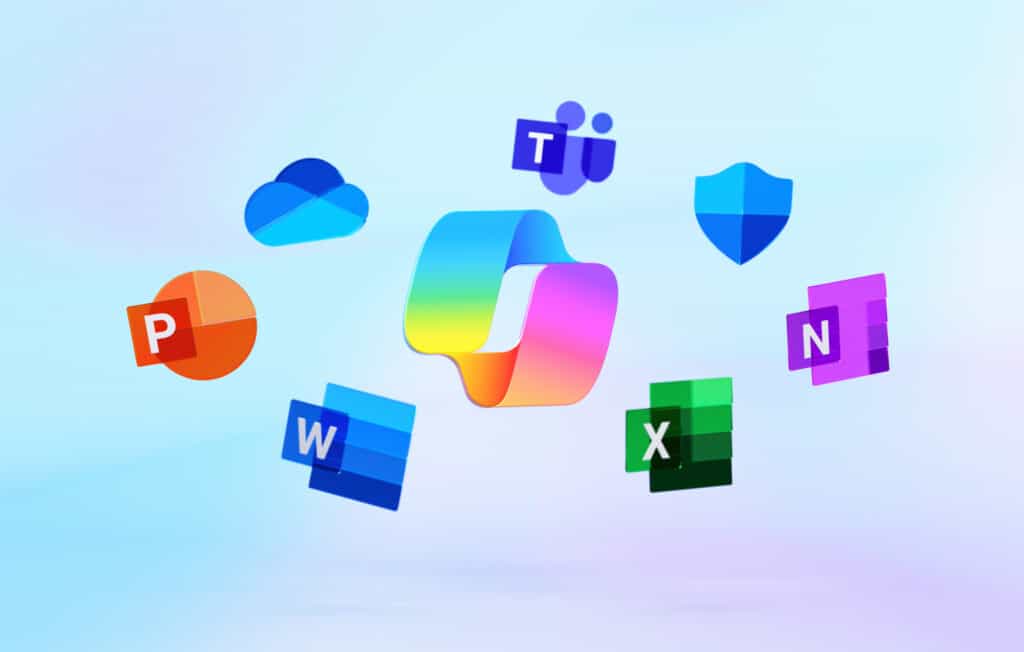 The image features a vibrant, abstract representation of the Microsoft 365 Copilot Pro logo, centered amidst floating icons of various Microsoft Office applications. These icons include PowerPoint (P), Word (W), Excel (X), Teams (T), OneNote (N), and others, like the OneDrive cloud and the security shield, all set against a soft, light blue background. The Copilot Pro logo, with its distinctive multicolored ribbon design, symbolizes the integration and enhancement of these applications through advanced AI capabilities.