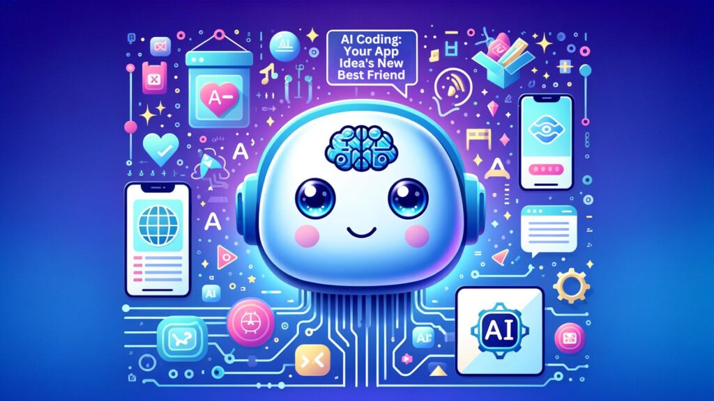 AI Coding: Your App Idea's New Best Friend: A friendly, approachable AI character, resembling a robot or a smiling AI brain, is interacting with various mobile app icons against a background with a soft gradient of blue and purple. The setting is innovative and supportive, filled with tech-inspired designs and digital patterns, creating a welcoming and creative atmosphere.