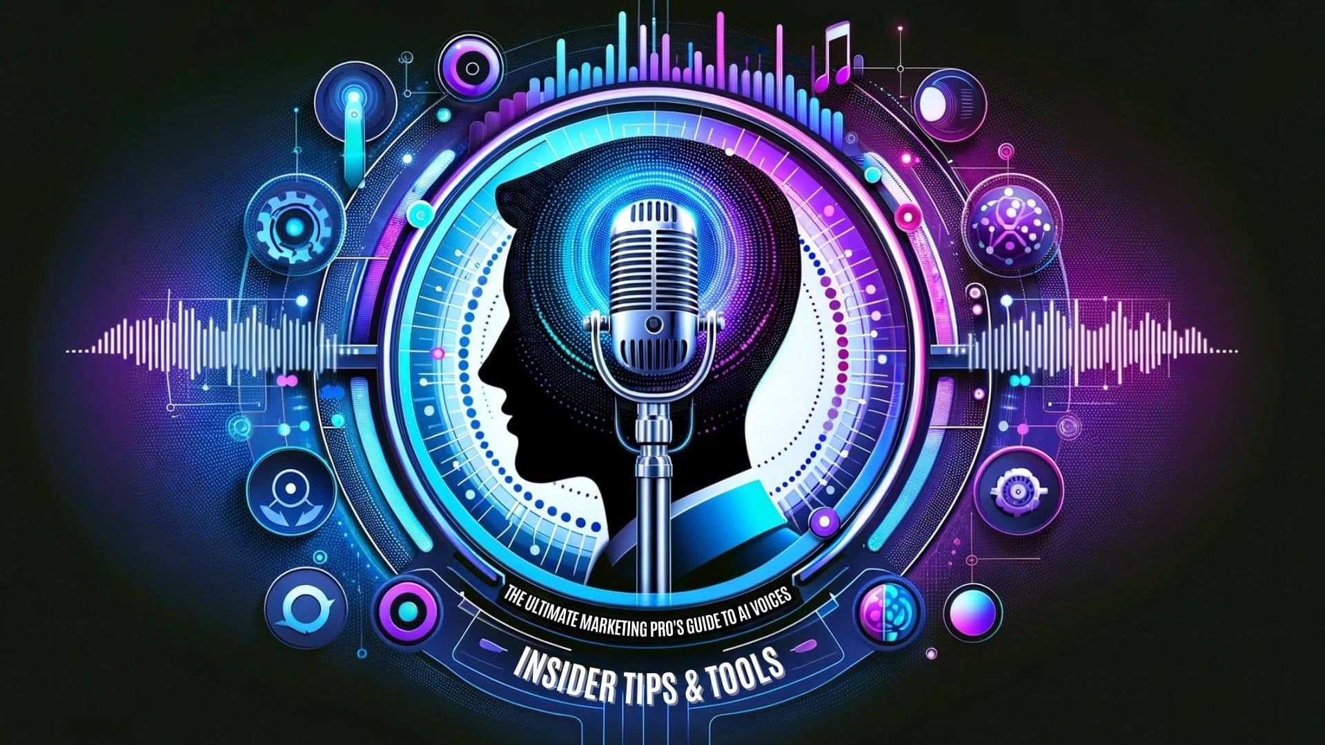The image is a vibrant and colorful digital illustration that features a central theme of audio and marketing technology. At the heart of the composition is a large, vintage-style microphone, surrounded by a complex array of futuristic and abstract elements. These elements include glowing neon lines, circular patterns that resemble audio volume levels or equalizers, and various icons and symbols that suggest digital connectivity and networking. The microphone is set against a backdrop that subtly incorporates a human profile, hinting at communication and the human element in technology. The colors predominantly range from deep blues and purples to vibrant pinks and teals, creating a dynamic and energetic visual effect. The text "The Ultimate Marketing Pro's Guide to AI Voices: Insider Tips & Tools" is prominently displayed, suggesting the image's purpose is to represent a resource for marketing professionals. This artwork blends themes of technology, communication, and marketing strategy into a visually compelling design.