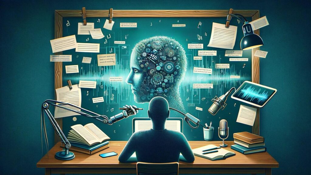 A contemplative individual at a desk surrounded by AI technology icons and question marks, reflecting skepticism and curiosity about AI voices.