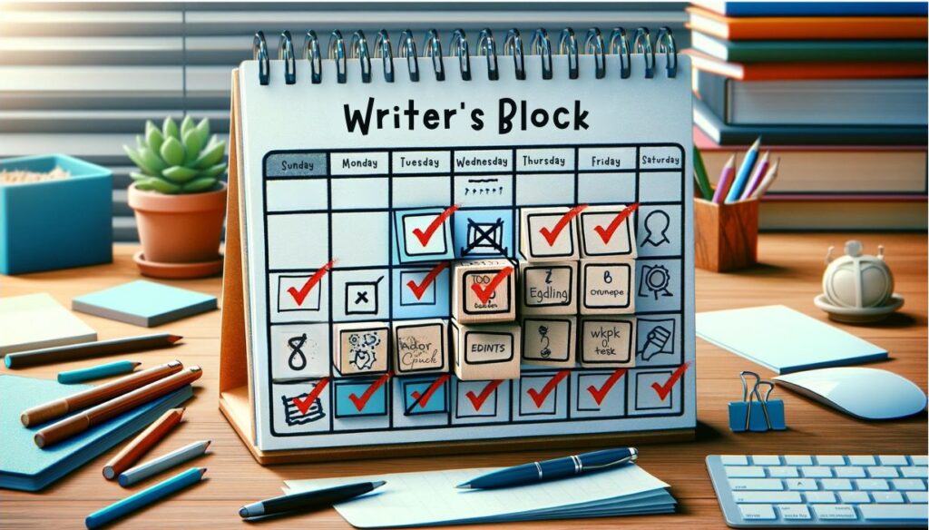 A desktop calendar showing a transition from "Writer's Block" on the first day to a series of subsequent days filled with completed tasks such as writing, editing, and brainstorming. Each day after the initial "Writer's Block" is marked with red ticks, indicating completed activities, symbolizing the productivity enhancement brought by Copilot Pro. The workspace around the calendar includes pens, a keyboard, and a potted plant, highlighting a productive and organized work environment enabled by Copilot Pro.
