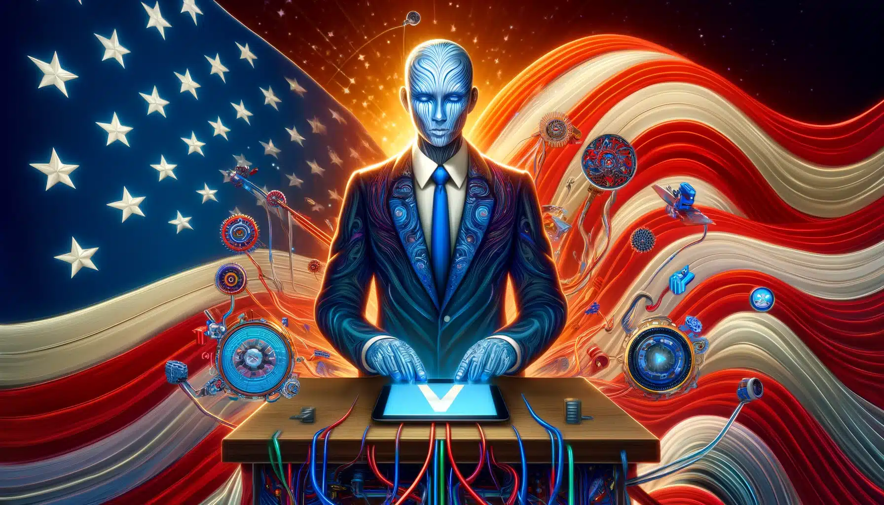 A digital illustration showcasing the fusion of AI in politics, centered around a humanoid figure with blue skin in a formal suit, representing governance. The figure stands amidst a dynamic collage of the American flag's elements and AI technology motifs. In the foreground, various AI-powered voting technologies such as a tablet, a touchscreen voting machine, and intricate tech components, all connected by wires, emphasize the complexity of modern voting systems. A prominent "Vote" sign on a podium underscores the theme, illustrating the significant impact of digital advancements on democratic processes