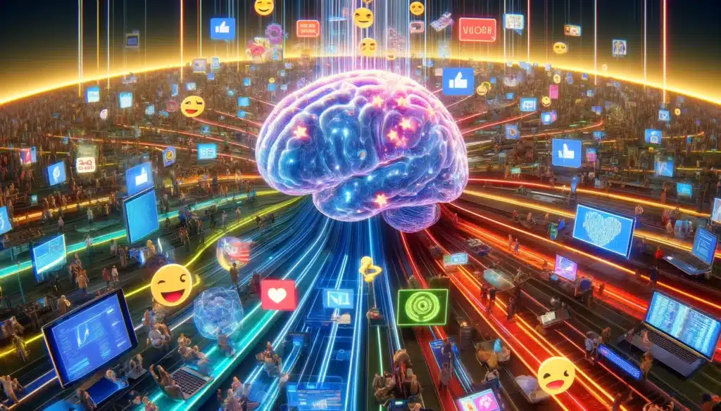 A digital representation of AI's intricate role in politics, where a vast digital landscape is dominated by a luminous, massive brain. This brain symbolizes AI's capacity to process and analyze extensive personal data from various sources like smartphones, laptops, and social media. It intricately crafts personalized political messages by understanding individual's online behavior, emotional responses, and voting history, signifying a new era of tailored political persuasion. Streams of data transform into customized communications on digital displays, showcasing AI's deep and somewhat invasive insight into personal preferences and beliefs, set against a 3 to 2 ratio backdrop that magnifies the digital realm's expanse and AI's analytical prowess.