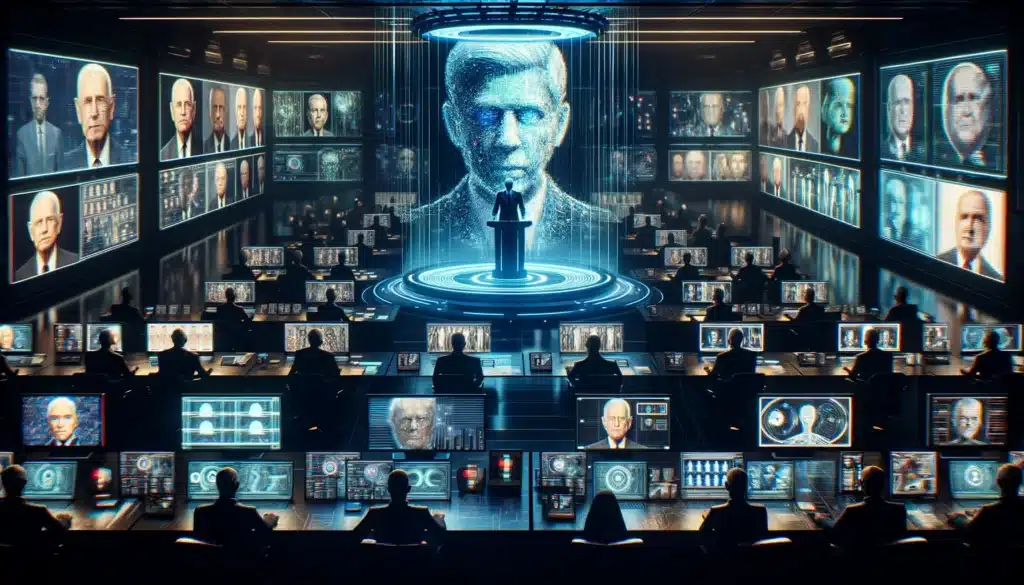 A thought-provoking image visualizing the impact of AI-generated deepfakes in politics, presented in a 3 to 2 ratio. It features a digital command center shrouded in dim light, filled with screens showing various political figures. At the heart, a holographic projection of a politician mid-speech flickers with glitches, signaling the artificial manipulation of their image and voice. Surrounding this central figure are interfaces detailing the deepfake process, from facial mapping to voice synthesis, encapsulating the technological sophistication behind these fabrications. This scene captures the tension and urgency surrounding the fight against misinformation, illustrating the daunting challenge of combating AI-powered deepfakes that threaten to sway public opinion and disrupt democratic processes.
