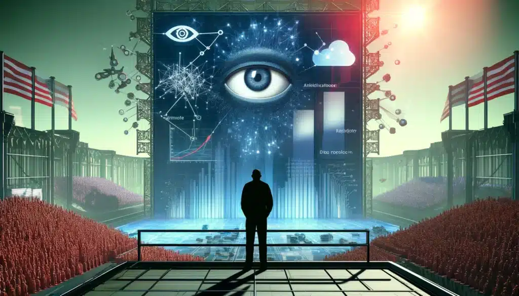 A poignant visualization of AI in politics highlighting privacy concerns, presented in a 3 to 2 ratio. An anonymous voter stands in silhouette against a backdrop of a massive screen, which is densely packed with data visualizations, charts, and a dominating digital eye, signifying intense surveillance. This screen, symbolic of AI's pervasive data analysis capabilities, looms over a network of data points that stretch across a vast digital landscape. American flags flank the scene, suggesting the political context. This imagery stirs a dialogue on the tension between the innovative use of AI in politics for targeted campaigning and the imperative need to uphold and protect individual privacy rights.