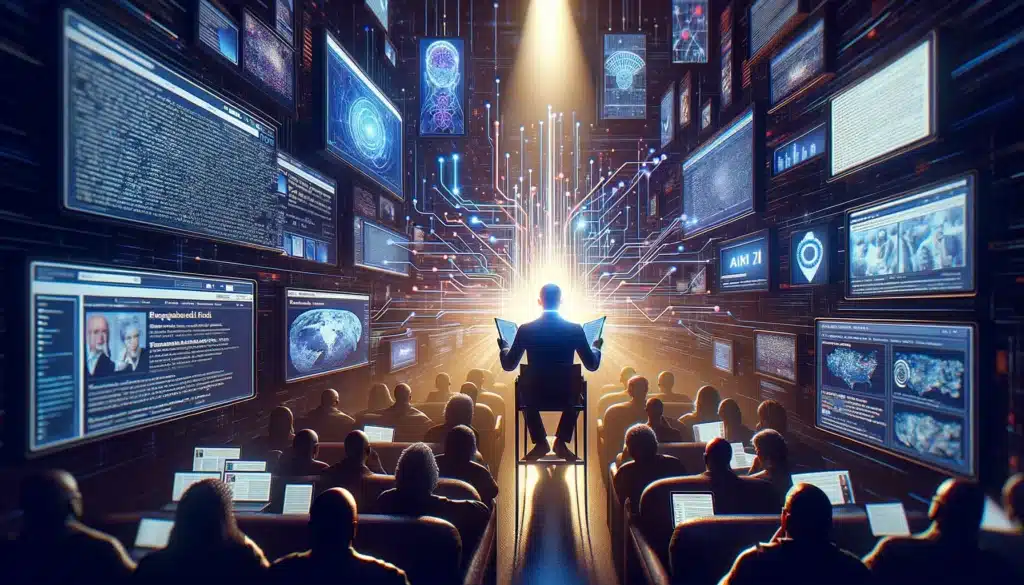 
An image illustrating the critical role of an informed citizen in the era of AI in politics. Central to the scene is a person backlit by beams of light, symbolizing insight and vigilance, surrounded by an array of screens displaying various media and data. These screens, alive with streams of digital information, represent the voter’s engagement with a multitude of sources, from news articles to social networks, all influenced by AI. The visual interplay of light and dark conveys the contrast between enlightenment and the shadows cast by potential misinformation, emphasizing the importance of discernment and critical analysis in navigating the political landscape shaped by artificial intelligence.
