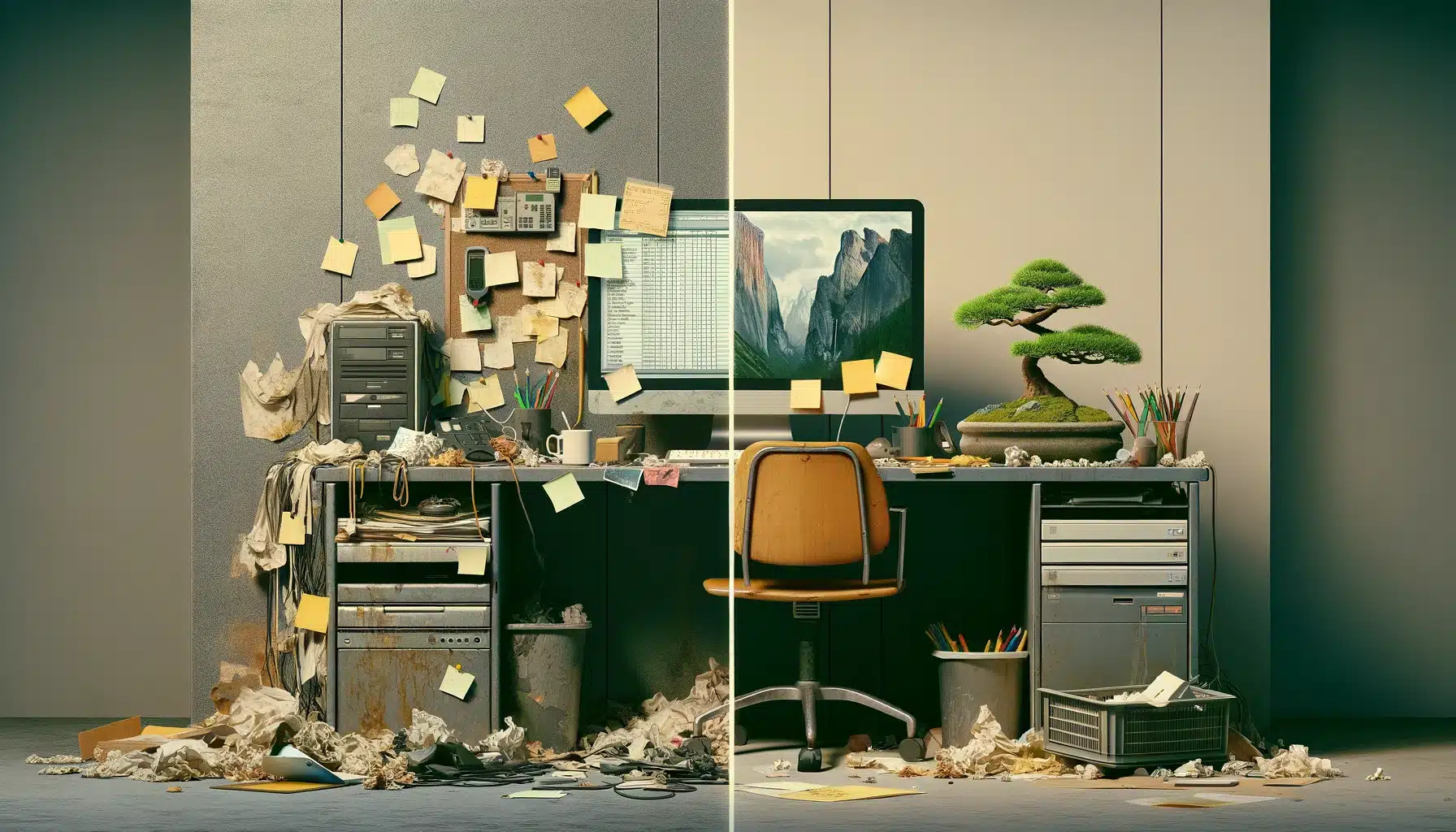 Inspired by vintage computer advertisements, this split-screen image contrasts a cluttered desktop overflowing with digital chaos against a minimalist workspace featuring a single bonsai tree and modern file icons. It reflects the transformative power of AI PDF in creating serene productivity from digital disarray.