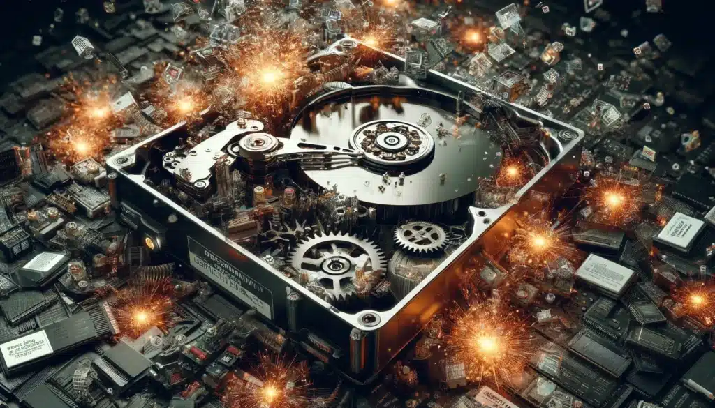 This image presents a vivid close-up of an overloaded hard drive, with gears grinding and sparks flying amidst digital chaos. It captures the moment of technological failure and the urgent need for AI PDF's organizational capabilities to restore order and prevent data loss.