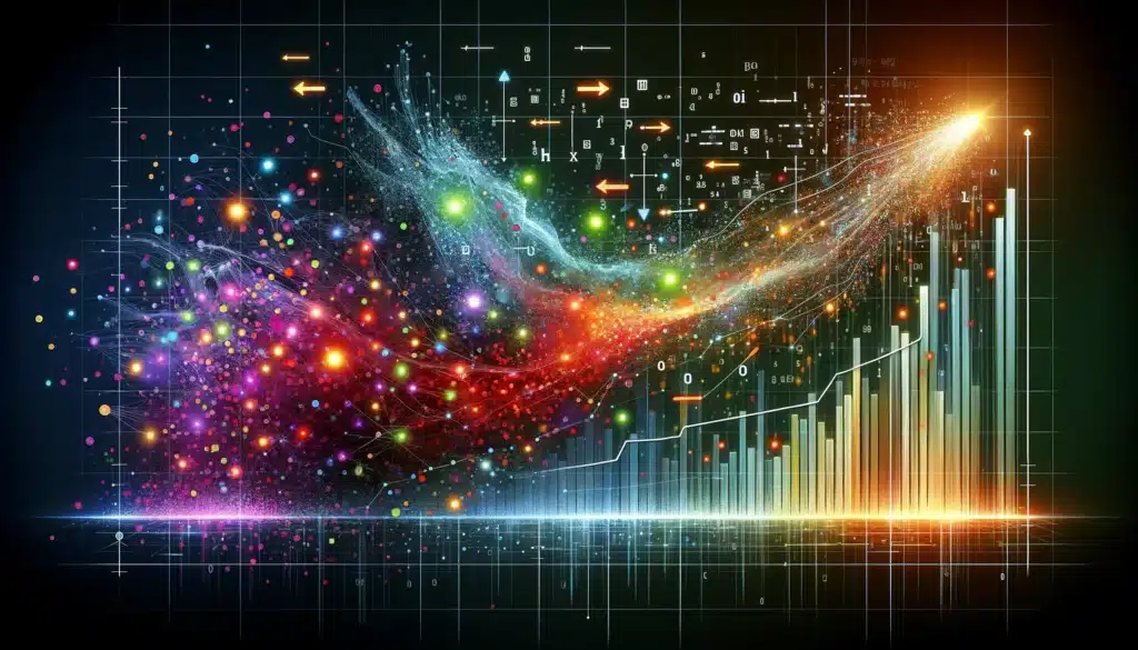 Featuring a chaotic scatter of multi-colored dots evolving into a precise bar graph, this digital illustration showcases the role of glowing AI algorithms in rearranging data. AI PDF emerges as the architect of insight, turning raw information into actionable intelligence with arrows and annotations guiding the viewer.