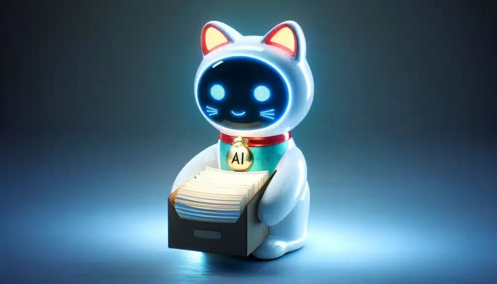 This digital painting showcases a sleek, glowing AI assistant modeled after the traditional Japanese Maneki-neko. Clad in luminous contours, it holds a neatly organized stack of PDF documents, ready for use. Symbolizing luck and digital efficiency, this AI PDF Maneki-neko merges cultural heritage with modern technology, offering a whimsical yet profound representation of order in the digital age. Its soft glow and serene posture promise prosperity and streamlined workflow to those it serves.