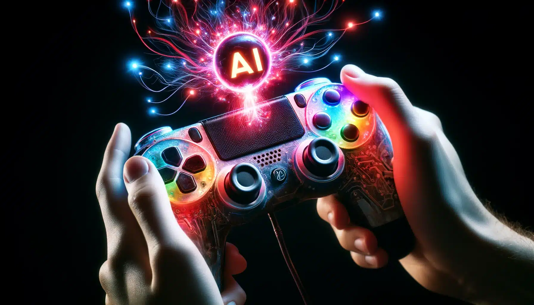 Retro video game controller for "AI Game" with glowing AI symbol and holographic code.