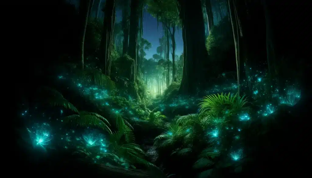 A digital painting of a mystical, bioluminescent jungle scene, possibly from an "AI Game" with glowing plants and ethereal lighting.