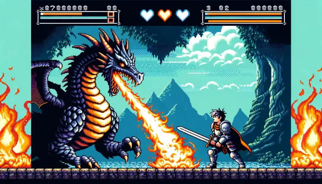 Pixel art scene of a knight battling a dragon in an "AI Game," with floating health bars.